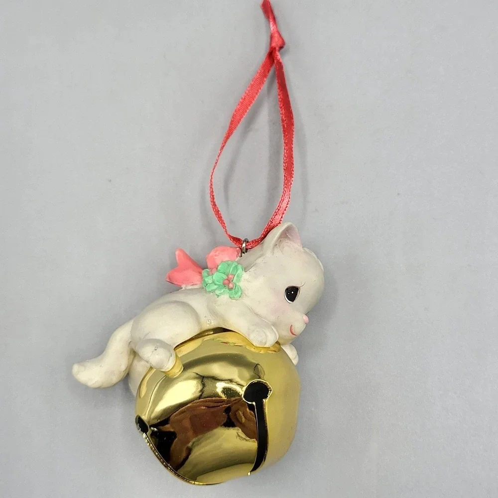 Vintage Precious Moments Cat Jingle Bell Ornament 2006 Kitten Pink Bow White